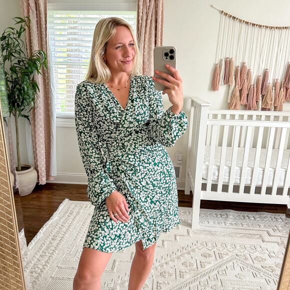 DVF West Silk Leafy Print Long Sleeve Wrap Dress Green S - Picture 1 of 6
